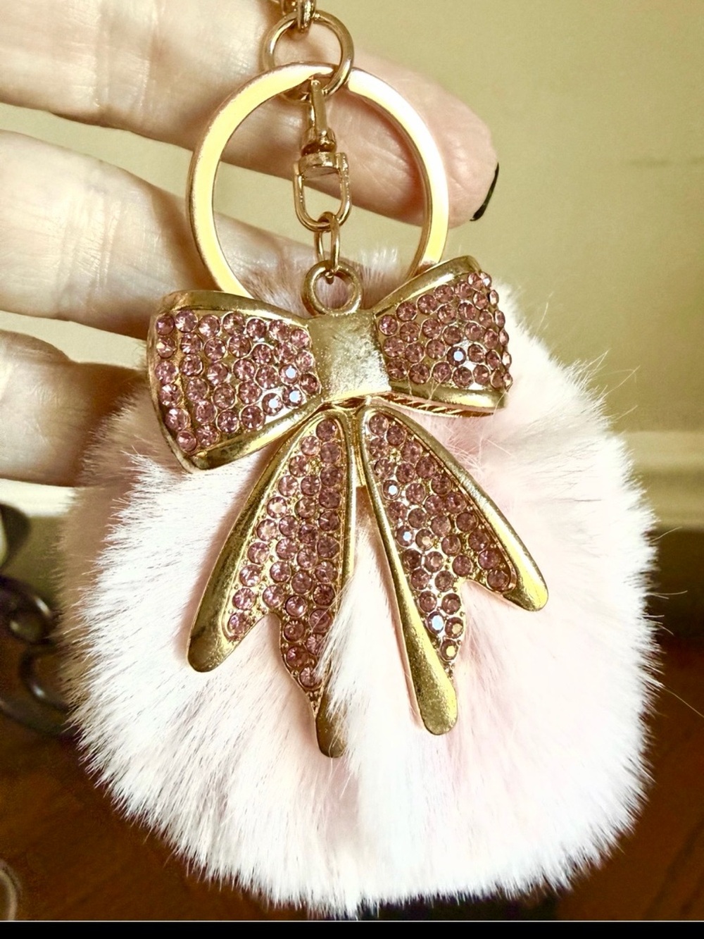 Pink Pom Pom Keychain with pink Rhinestone Bow and gold hardware